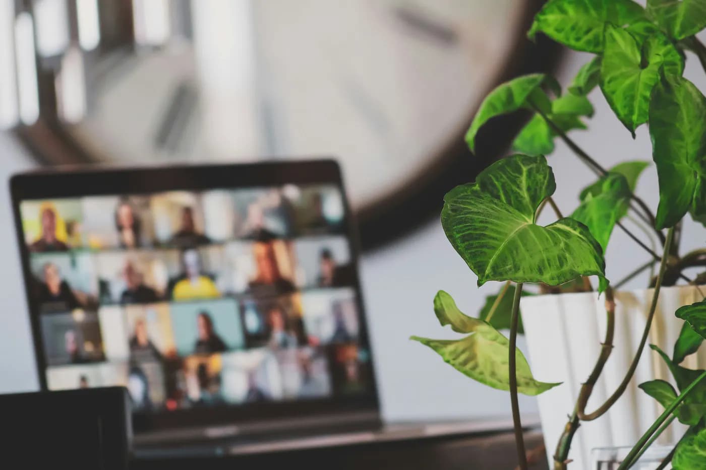 A video call on a laptop screen at a bright desk